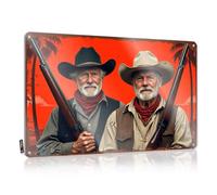 Letreros de puerta para dormitorio, dos viejos vaqueros con rifles contra un fondo rojo, letrero de estaño divertido para decoración de casa para hombres (30 x 40 cm)