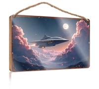 Letreros de puerta para el hogar, divertido diseño de nave espacial alienígena volando a través del cielo nocturno nublado con luna llena, letrero de bosque para exteriores, decoración de otoño para