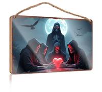 Letreros decorativos con texto en inglés "Four Grim Reapers Admiring A Glowing Heart Under A Full Moon" (15 x 28 cm)