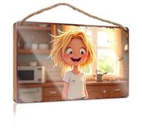 Letreros decorativos con texto en inglés "Happy Child In Kitchen With Warm Light Wooded Box" (20 x 30 cm)
