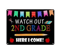 Letreros decorativos de aluminio de estao con texto en ingls ""Watch Out 2nd Grade Here I Come"", 12.0 x 16.0 in, 1er da de escuela, fcil de mo