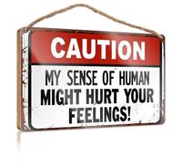 Letreros decorativos de madera con texto en inglés "Precaution: My Sense Of Humanity Might Hurt Your Feelings!", decoración de casa de granja (23 x 35 cm)