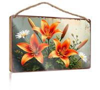 Letreros decorativos para decoración del hogar, lirios naranjas vibrantes y margaritas blancas en un jardín rústico, letrero de madera para decoración de pared al aire libre, regalos del día del jefe