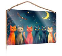 Letreros divertidos de madera para la oficina, noche mágica con gatos coloridos, letreros pequeños para decoración del hogar, letrero de puerta de verano (15 x 28 cm)