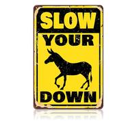 Letreros divertidos de metal para vecindarios, letrero de metal vintage Slow Your Donkey Down para decoración de patio, camino lento, 8 x 12 pulgadas