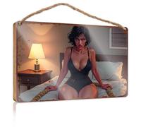 Letreros divertidos para decoración del hogar, seducción nocturna: una mujer en lencería negra en la cama con cuerda, letrero de madera para decoración del día de los jefes, decoración de la casa (23