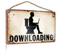 Letreros divertidos para habitación con texto en inglés "A person is sitting on a toilet using a laptop with the word downloading below it", letrero de madera divertido para decoración del hogar y