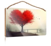 Letreros divertidos para hombre, cueva, un árbol solitario con hojas rojas vibrantes que se encuentra en una colina con vistas a un río brumoso, letrero boscoso para decoración de pared de oficina de