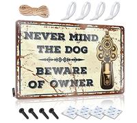 Letreros divertidos para oficina con texto en inglés "Never Mind The Dog Beware Of Owner", decoración de garaje para hombres, letrero de lata (20 x 30 cm)