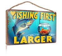Letreros divertidos para pescar en bar primero, captura peces más grandes, letrero de madera para colgar en el baño, regalo de verano (15 x 28 cm)