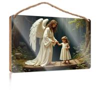 Letreros divertidos para puerta de oficina, ángel guiando a un niño a través del bosque, letreros pequeños para decoración del hogar, letrero de puerta de verano (23 x 35 cm)