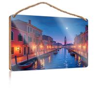 Letreros divertidos para puerta de oficina, noche veneciana: canales iluminados por la luna y edificios históricos, letreros pequeños para decoración del hogar, letrero de puerta de verano (23 x 35 cm