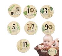 Letreros mensuales de hitos del bebé - Rastreador de crecimiento de madera, tarjetas de visualización de fotos, accesorios de fotos de hitos | Juego de 7 piezas, impresión de doble cara, perfecto para
