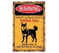 Letreros metálicos con texto en inglés "Property Is Protected By Shiba Inu A Is Protected By My Gun", letrero vintage de aluminio para decoración de pared al aire libre, 8 x 12 pulgadas
