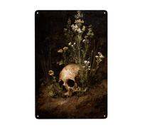 Letreros metálicos de calavera humana con racimos de flores silvestres, decoración de pared para baño, inodoro, baño, granja, patio, 20 x 30 cm