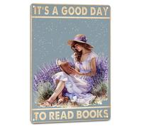 Letreros Metalicos La Niña De Las Flores Lavanda Leyendo "Es Un Buen Día Para Leer Libros" Cartel De Metal Pared Póster De Aluminio Para Baño Playa Bar Biblioteca S