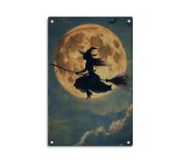 Letreros Metalicos Silueta De Bruja De Halloween Volando En Una Escoba Noche De Luna Llena Bruja Espeluznante De Halloween Carteles Retro Letrero De Estaño para Bar Garaje Cafetería 20X30Cm
