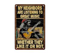 Letreros Pared Colgante Caballo Mis Vecinos Están Escuchando Buena Música Caballo Guitarra Rock Música Retro Póster Letreros Interior Placas De Metal para para Garaje Karaokes Baño 30X20Cm