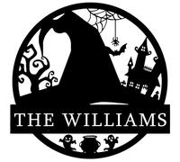 Letreros personalizados para exteriores, sombrero de bruja de Halloween, casa embrujada, decoración de telaraña, regalos góticos, decoraciones de fiesta de Halloween, letrero de nombre familiar