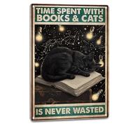 Letreros vintage de decoración de gato negro para el hogar, arte de pared de rincón de libro de estudio, tiempo pasado con gatos nunca se desperdicia, carteles de lectura positiva, 8 x 12 pulgadas