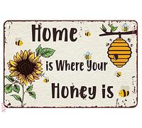 Letreros vintage de metal retro con texto en inglés "Home is Where Your Honey is Tin Sign" con girasol, divertidos letreros de decoración de abejas para cafetería, bar, cocina, decoración de