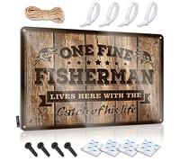 Letreros vintage divertidos con texto en inglés "One Fine Fisherman Lives Here With The Catch Of His Life", accesorios para bar, decoración de cueva de hombre (20 x 30 cm)