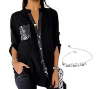 LETROBBV Cotton V-Neck Sequin Mid-Sleeve Casual Top,Glitter Sequin tee Shirt Top,Women Button Up Plus Size Pocket Short Sleeve