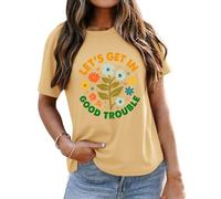 Lets Get in Good Trouble - Camiseta con estampado floral para mujer, caqui, S