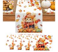 Lets Joy 1PCS Camino de Mesa Otoñal, 4PCS Otoñal Individuales Mesa, Hojas de Arce Calabazas y Gatos, Manteles Individuales Lavables Decoración Otoño Interior y Exterior