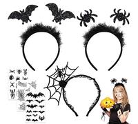 Lets Joy 3 Piezas Diadema de Halloween, 3 Piezas Tatuajes Temporales, Diadema de Araña Murciélago, Tatuajes Murciélago, Halloween Accesorios Conjunto