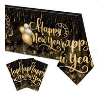 Lets Joy 3 Piezas Mantel para Decoración de Año Nuevo, 108 x180cm Feliz Año Nuevo Mantel, Happy New Year Negro y Dorado Decoración de Fiesta 2026