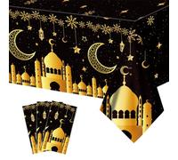 Lets Joy 3PCS Mantel Eid Mubarak para Fiesta, Mantel para Decoración de Ramadán Mubarak, Mantel Ramadan Mubarak de Plástico, Mantel de Eid Mubarak Negro y Dorado, Decoración de Fiesta 130 x 220cm (A)