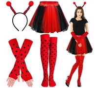 Lets Joy 4 Piezas Disfraz Abeja Accesorios, Disfraz de Mariquita para Adultos, Kit de Accesorios de Disfraz de Abeja, Diadema de Antena de Abeja Gafas Falda de Tutú, Abeja de Carnaval Cosplay (Rojo)