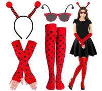 Lets Joy 4 Piezas Disfraz de Mariquita para Adultos, Disfraz Abeja Accesorios, Kit de Accesorios de Disfraz de Abeja, Diadema de Antena de Abeja Gafas, Abeja de Carnaval Cosplay (Rojo)
