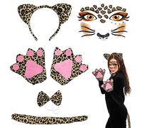 Lets Joy 6 Piezas Leopardo Disfraz, Diadema Oreja, Guantes, Colas y Pajaritas, Pegatinas Temporales Leopardo, Disfraz Animal Disfraz de Leopardo para Cosplay Halloween Carnaval