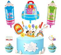 Lets Joy Decoración para Comienzo del Colegio, Decoracion Vuelta al Cole Set, Decoracion Escolar Infantil con 1 Globo Bolsa Escolar + 2 Globos Lápiz + 15pzas Cupcake Topper Vuelta al Cole
