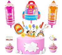 Lets Joy Decoración para Comienzo del Colegio, Decoracion Vuelta al Cole Set, Decoracion Escolar Infantil con 1 Globo Bolsa Escolar + 2 Globos Lápiz + 15pzas Cupcake Topper Vuelta al Cole