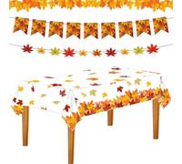 Lets Joy Mantel Otoñal, 137 x 274cm Mantel Plastico Mesa Rectangular, 2 Piezas Guirnalda Otoñal, Hojas Banner, Mantel para Decoración de Otoñal, Decoración de Otoñal Fiesta (A)