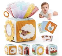 Let's Make Juguete Caja de Pañuelos para Bebé, Juguete Sensorial Montessori 6 9 12 Meses, Cubo de Actividades Granja con Pañuelos, Telas Crujientes, Espejo, Vaca Sonora y Clip de Viaje, Regalo Bebé