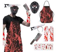 LETSHOLD Disfraz Halloween Hombre, Horrible Disfraz Carnicero con Delantal Sangriento, Accesorios de Terror Set para Fiesta de Halloween Carnaval (Negro)