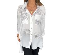 Letter Print Fashion Lapel Shirt, 2024 New Women's Long Sleeve Print Button Down Shirts Casual Loose Blouse Tops (2XL,White)