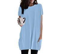 Letuwj Blusa de manga corta para mujer, capa base simple, cuello redondo, bolsillo, longitud media, Azul (Sky Blue), XXL