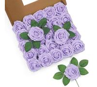 LEUCHTAMOR 25 rosas artificiales de color lila, rosas falsas, flores de espuma de tacto real, rosas de bricolaje para bodas, ramos de novia, centros de mesa, arreglos florales, fiestas, decoración del