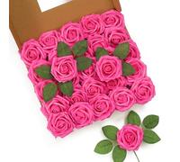 LEUCHTAMOR 25 rosas artificiales de color rosa intenso, rosas falsas de espuma de tacto real para bodas, ramos de novia, centros de mesa, arreglos florales, fiestas, decoración del hogar
