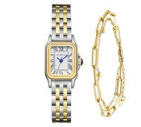 LEUCOPHYLLU Pequeños relojes dorados para mujer con caja rectangular vintage, esfera romana clásica, correa de acero inoxidable resistente al agua con cadena de pulsera, Plata dorada con cadena dorada