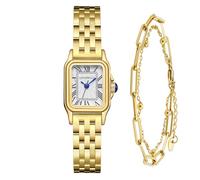 LEUCOPHYLLU Pequeños relojes dorados para mujer con caja rectangular vintage, esfera romana clásica, correa de acero inoxidable resistente al agua con cadena de pulsera, Dorado con cadena dorada