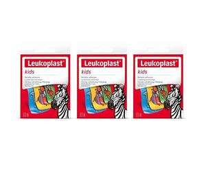 Leukoplast Tiritas para niños - Suave acolchado estéril - Resistente al agua y poco adhesivo - Divertidos diseños: Cebra, mono, hipo, tiburón - 12 uds