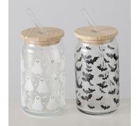 levandeo Juego de 2 vasos de cristal, 440 ml, pajita de cristal para Halloween, tapa de bambú, vasos con diseño de murciélago