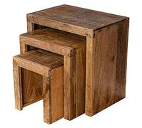 levandeo Juego de 3 mesas auxiliares de madera de mango marrón natural maciza, mesa de centro de sofá con 3 estantes, mesa decorativa de diseño
