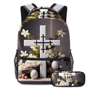 Level Up Your Style, juego de 2 mochilas escolares para niños, mochila de moda y estuche para lápices, para niños, niñas y adolescentes, cruz blanca de Pascua, multicolor, B：29.4x20x40cm\